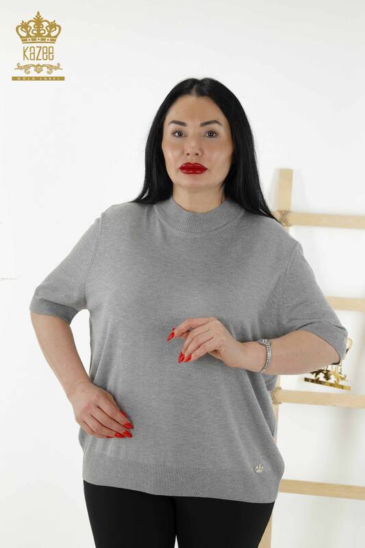 Wholesale Women's Knitwear Sweater - Stand Collar - Viscose - Gray - 16168 | KAZEE