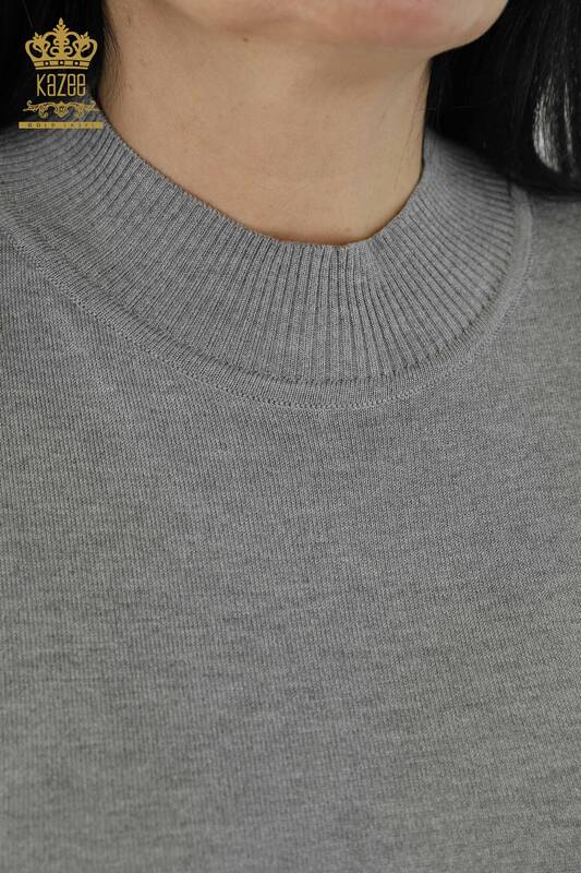 Wholesale Women's Knitwear Sweater - Stand Collar - Viscose - Gray - 16168 | KAZEE