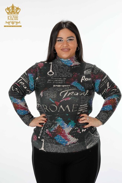 Wholesale Women's Knitwear Sweater Stand Angora Digital Print Patterned - 18926 | KAZEE