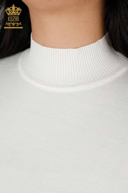 Wholesale Women's Knitwear Sweater Stand Up Collar Basic Logo Ecru - 16663 | KAZEE