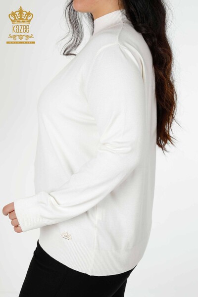 Wholesale Women's Knitwear Sweater Stand Up Collar Basic Logo Ecru - 16663 | KAZEE - Thumbnail