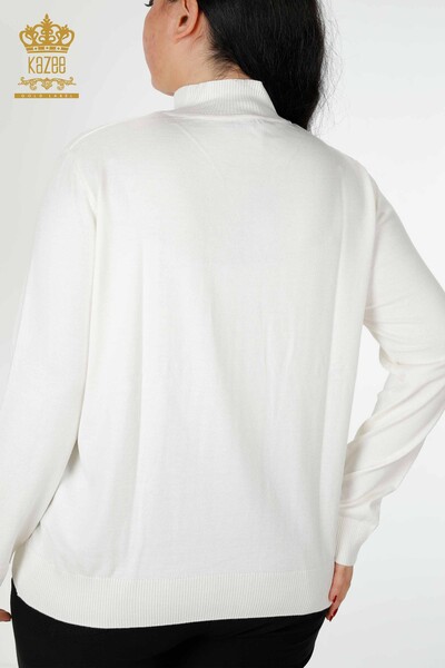 Wholesale Women's Knitwear Sweater Stand Up Collar Basic Logo Ecru - 16663 | KAZEE - Thumbnail