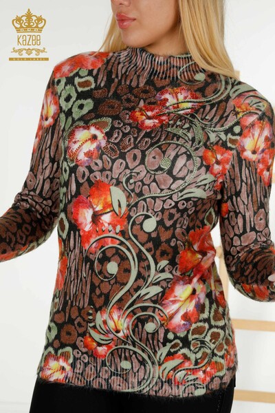 Wholesale Women's Knitwear Sweater Stone Embroidered Angora Khaki - 18971 | KAZEE - Thumbnail