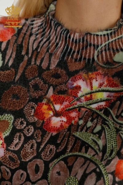 Wholesale Women's Knitwear Sweater Stone Embroidered Angora Khaki - 18971 | KAZEE - Thumbnail