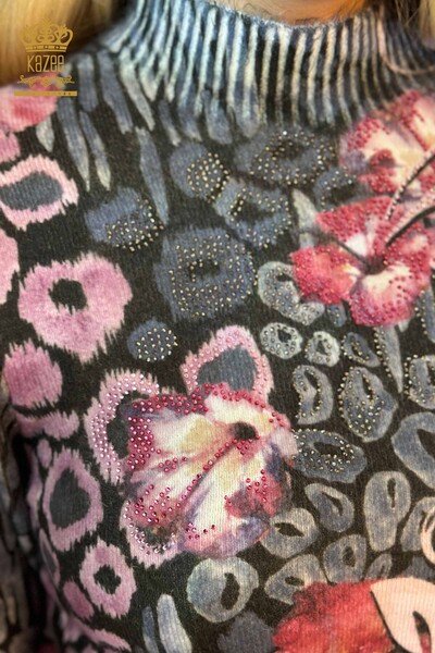 Wholesale Women's Knitwear Sweater Stone Embroidered Angora Navy - 18971 | KAZEE - Thumbnail