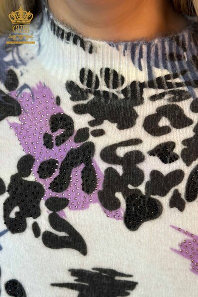 Wholesale Women's Knitwear Sweater Stone Embroidered Angora Purple - 18948 | KAZEE - Thumbnail