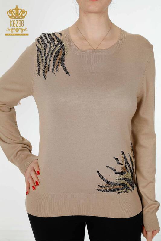 Wholesale Women's Knitwear Sweater Stone Embroidered Beige - 16940 | KAZEE