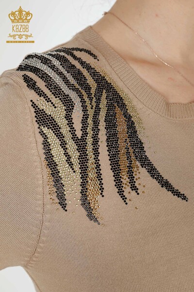 Wholesale Women's Knitwear Sweater Stone Embroidered Beige - 16940 | KAZEE - Thumbnail