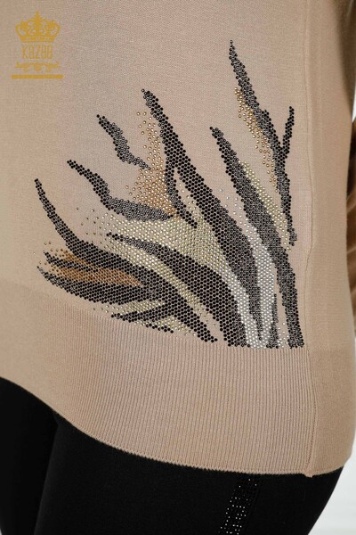 Wholesale Women's Knitwear Sweater Stone Embroidered Beige - 16940 | KAZEE - Thumbnail