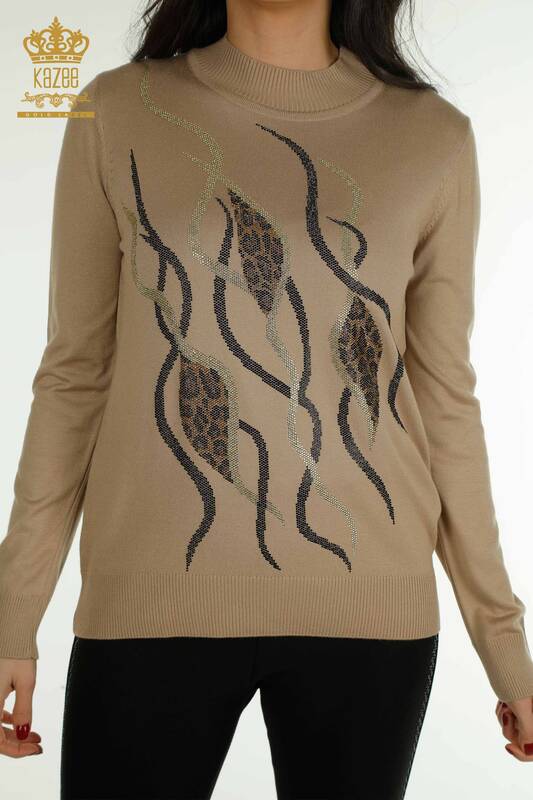 Wholesale Women's Knitwear Sweater Stone Embroidered Beige - 30096 | KAZEE