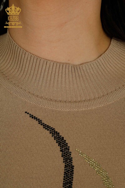Wholesale Women's Knitwear Sweater Stone Embroidered Beige - 30096 | KAZEE - Thumbnail