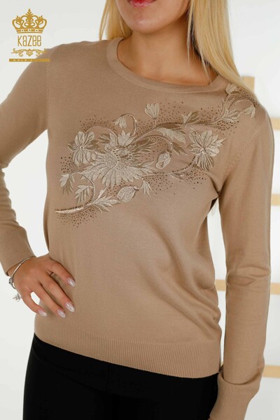 Wholesale Women's Knitwear Sweater Stone Embroidered Beige - 30146 | KAZEE - Thumbnail