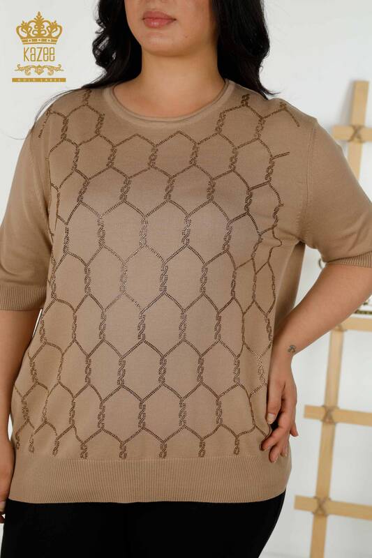 Wholesale Women's Knitwear Sweater Stone Embroidered Beige - 30317 | KAZEE