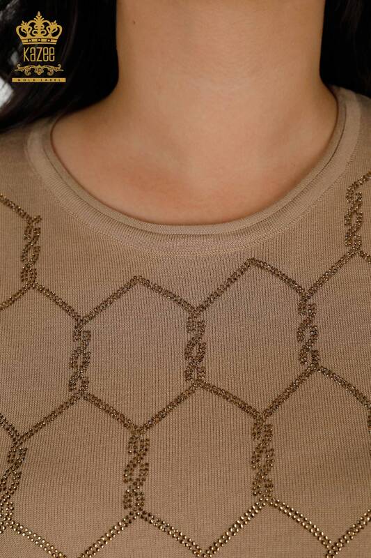 Wholesale Women's Knitwear Sweater Stone Embroidered Beige - 30317 | KAZEE