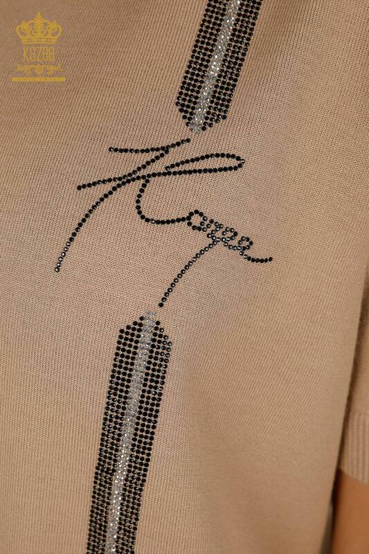 Wholesale Women's Knitwear Sweater - Stone Embroidered - Beige - 30333 | KAZEE