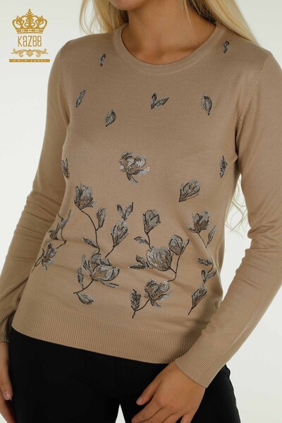 Wholesale Women's Knitwear Sweater Stone Embroidered Beige - 30471 | KAZEE - Thumbnail