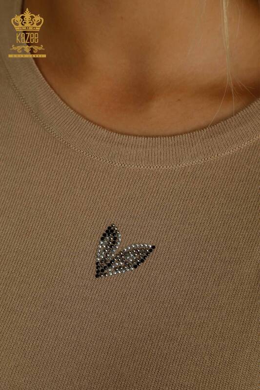 Wholesale Women's Knitwear Sweater Stone Embroidered Beige - 30471 | KAZEE
