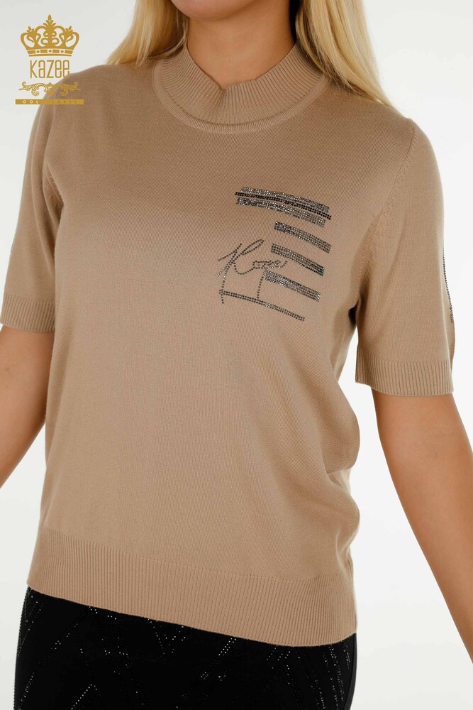 Wholesale Women's Knitwear Sweater Stone Embroidered Beige - 30491 | KAZEE - 2