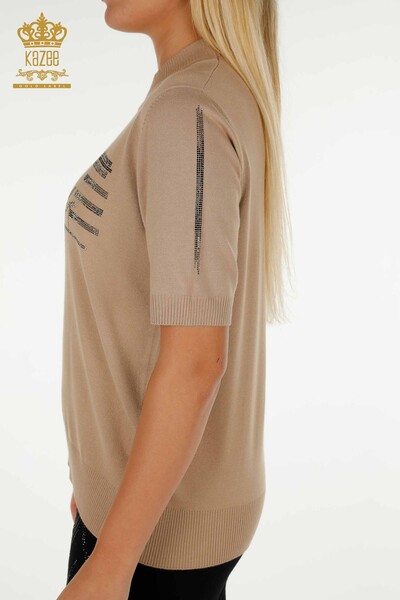 Wholesale Women's Knitwear Sweater Stone Embroidered Beige - 30491 | KAZEE - 6