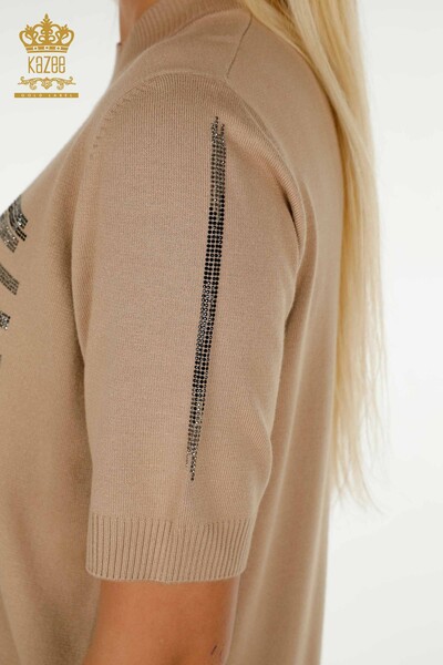 Wholesale Women's Knitwear Sweater Stone Embroidered Beige - 30491 | KAZEE - Thumbnail