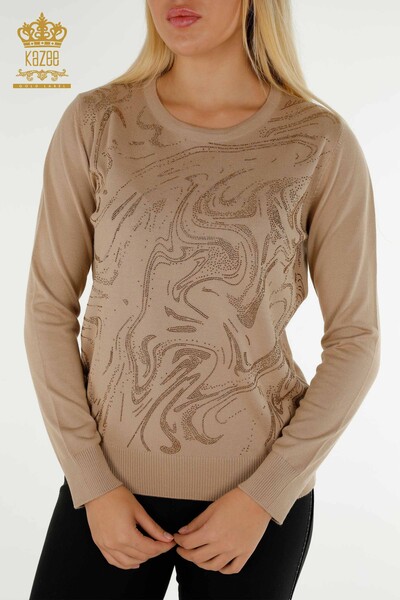 Wholesale Women's Knitwear Sweater Stone Embroidered Beige - 30594 | KAZEE - Thumbnail