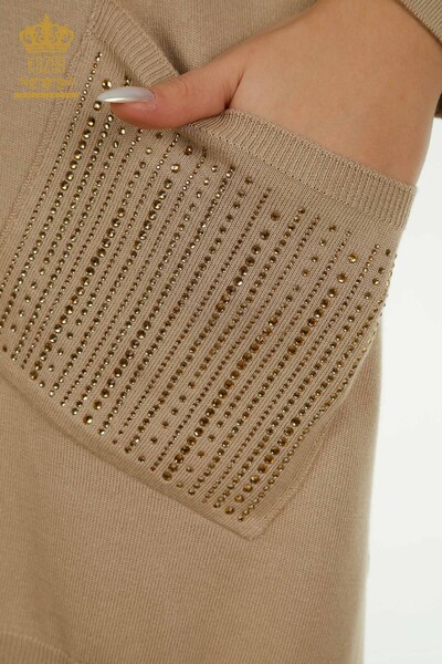 Wholesale Women's Knitwear Sweater Stone Embroidered Beige - 30623 | KAZEE - Thumbnail