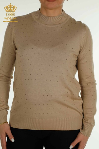 Wholesale Women's Knitwear Sweater Stone Embroidered Beige - 30677 | KAZEE - Thumbnail