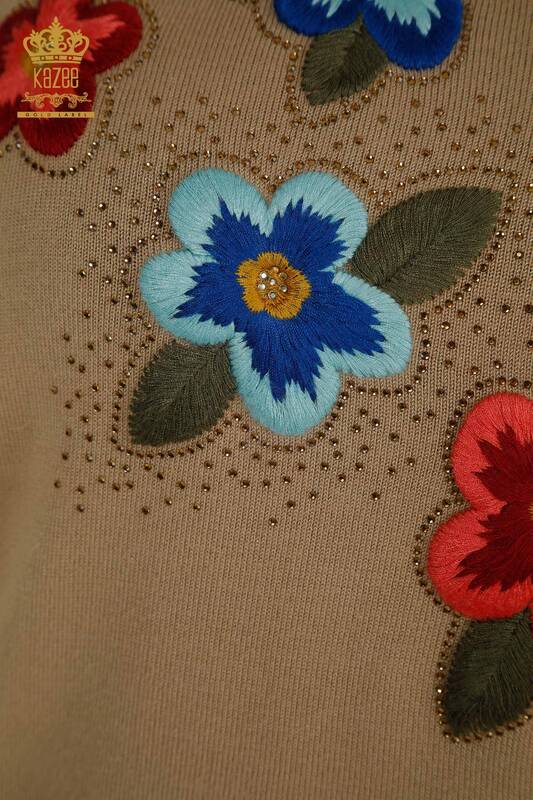 Wholesale Women's Knitwear Sweater Stone Embroidered Beige - 30789 | KAZEE