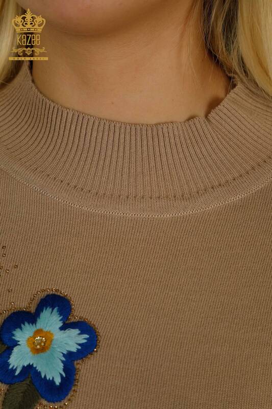 Wholesale Women's Knitwear Sweater Stone Embroidered Beige - 30789 | KAZEE