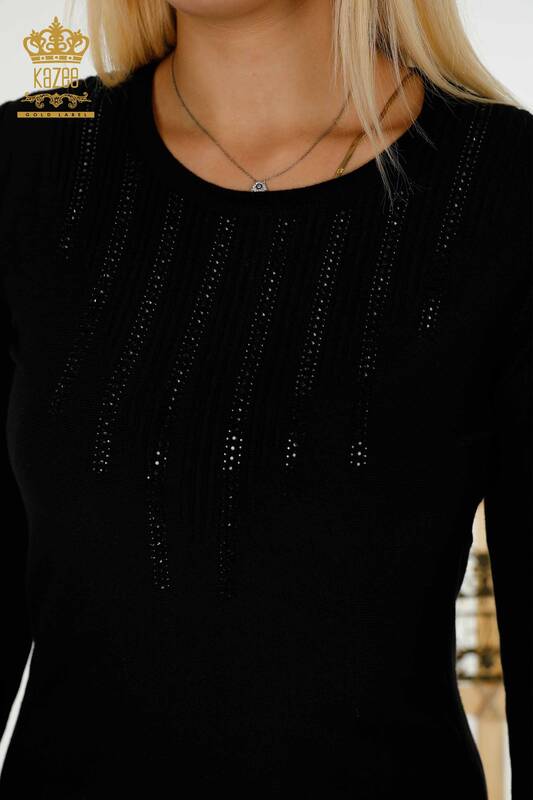 Wholesale Women's Knitwear Sweater - Stone Embroidered - Black - 13316 | KAZEE