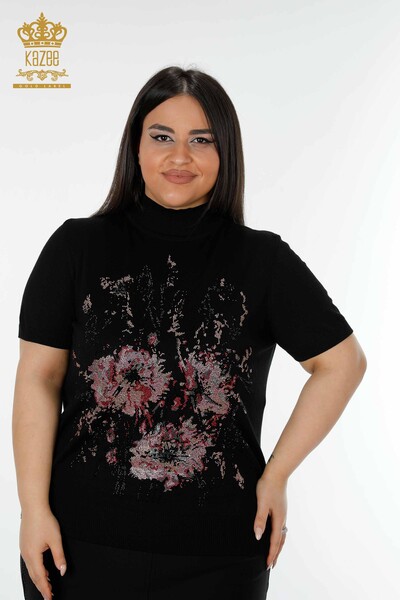 Wholesale Women's Knitwear Sweater Stone Embroidered Black - 16476 | KAZEE - Thumbnail