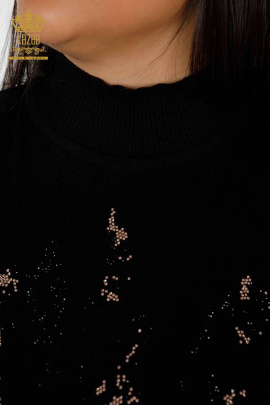 Wholesale Women's Knitwear Sweater Stone Embroidered Black - 16476 | KAZEE