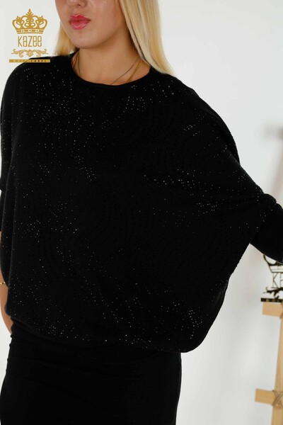 Wholesale Women's Knitwear Sweater Stone Embroidered Black - 16797 | KAZEE - Thumbnail