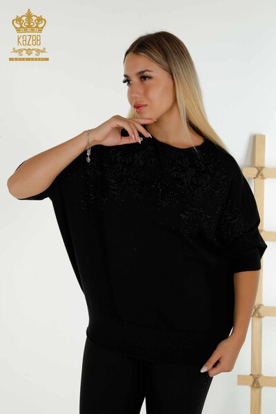 Kazee - Wholesale Women's Knitwear Sweater Black with Stone Embroidery - 16799 | KAZEE