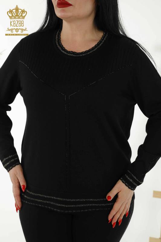 Wholesale Women's Knitwear Sweater - Stone Embroidered - Black - 30080 | KAZEE