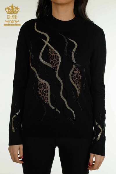 Wholesale Women's Knitwear Sweater Stone Embroidered Black - 30096 | KAZEE - Thumbnail