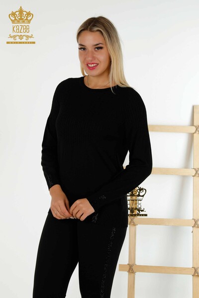 Wholesale Women's Knitwear Sweater - Stone Embroidered - Black - 30104 | KAZEE - Thumbnail