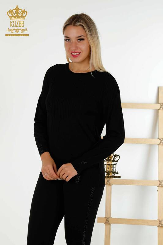 Wholesale Women's Knitwear Sweater - Stone Embroidered - Black - 30104 | KAZEE