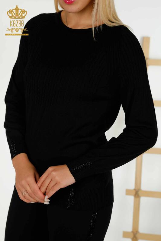Wholesale Women's Knitwear Sweater - Stone Embroidered - Black - 30104 | KAZEE