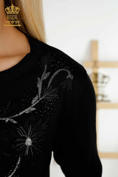 Wholesale Women's Knitwear Sweater Stone Embroidered Black - 30146 | KAZEE - Thumbnail