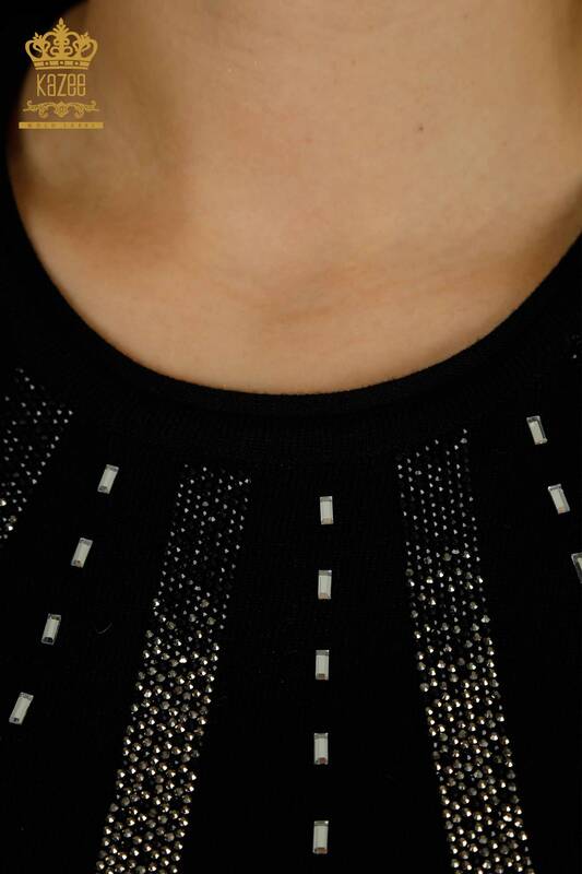 Wholesale Women's Knitwear Sweater Stone Embroidered Black - 30460 | KAZEE