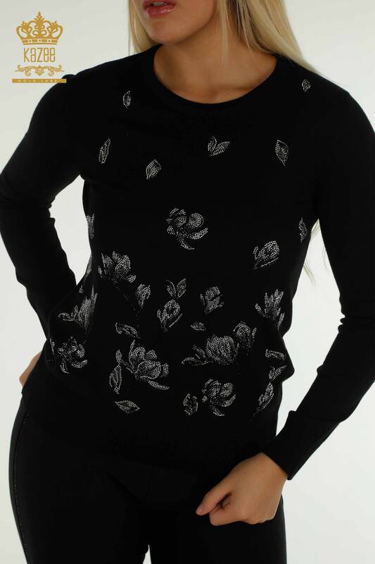 Wholesale Women's Knitwear Sweater Stone Embroidered Black - 30471 | KAZEE