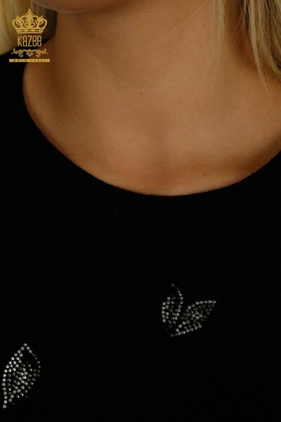 Wholesale Women's Knitwear Sweater Stone Embroidered Black - 30471 | KAZEE - Thumbnail