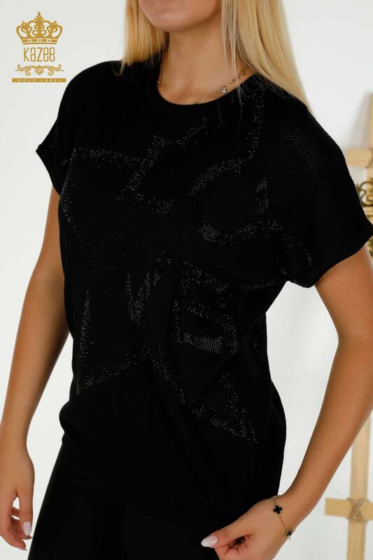 Wholesale Women's Knitwear Sweater Stone Embroidered Black - 30501 | KAZEE