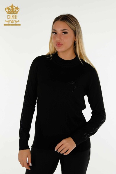 Wholesale Women's Knitwear Sweater Black with Stone Embroidery - 30553 | KAZEE - Thumbnail