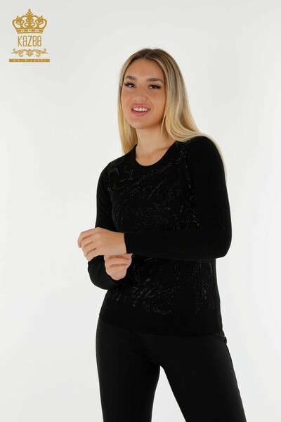 Wholesale Women's Knitwear Sweater Stone Embroidered Black - 30594 | KAZEE - Thumbnail