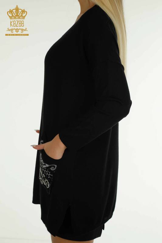 Wholesale Women's Knitwear Sweater Stone Embroidered Black - 30601 | KAZEE