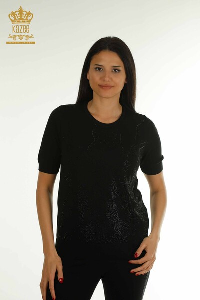 Wholesale Women's Knitwear Sweater Stone Embroidered Black - 30659 | KAZEE - Thumbnail