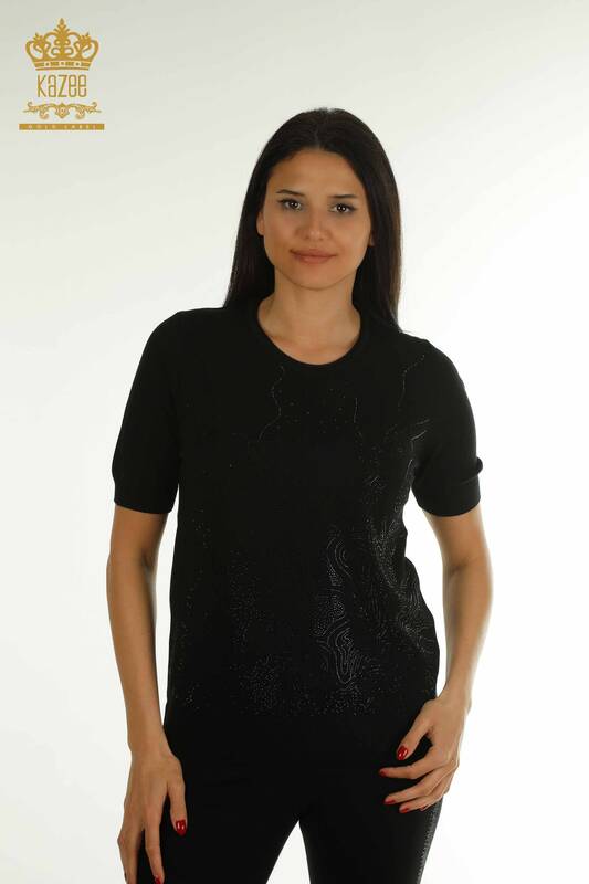 Wholesale Women's Knitwear Sweater Stone Embroidered Black - 30659 | KAZEE