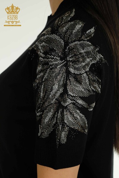 Wholesale Women's Knitwear Sweater Stone Embroidered Black - 30674 | KAZEE - Thumbnail